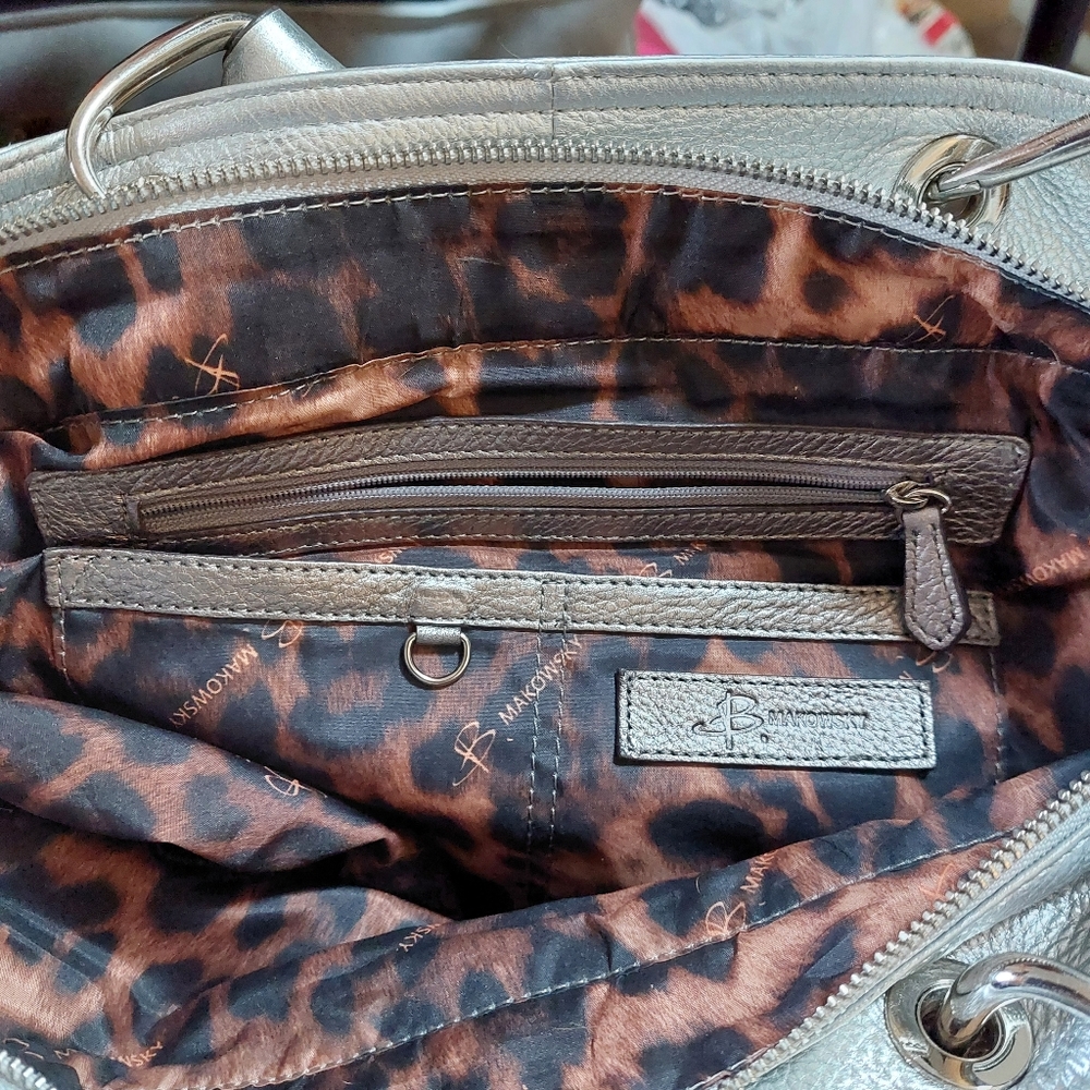 B. Makowsky Pewter Pebbled Finish Leather Shoulder Bag With Silver Hardware - Picture 9 of 14